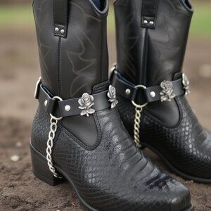 Women Men Western Black Shoe Strap Rose Flower Biker Boot Pair Chain Adjustable